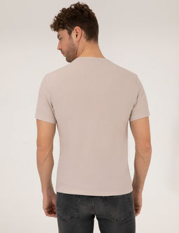 Bej Slim Fit Dokulu Bisiklet Yaka Ti__rt