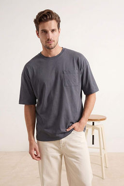Antrasit Oversize/Geni_ %100 Pamuk Bisiklet Yaka Cepli T-Shirt TMNSS26TS00016