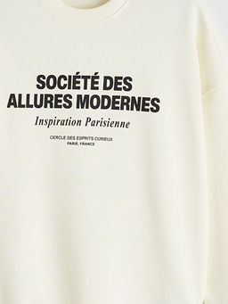 Bisiklet Yaka Bask?l? Oversize Kad?n Sweatshirt