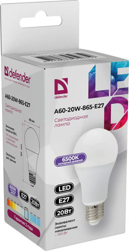 Лампа светодиодная, E27, A60, 20Вт, 4000К "Defender" нейтральный белый свет