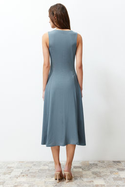 Antrasit %100 Pamuk Skater/Belden Ac?lan Bisiklet Yaka Kolsuz Midi Orme Midi Elbise TWOSS24EL00193