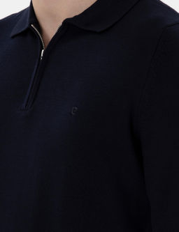 Lacivert Slim Fit Fermuarl_ Polo Yaka Basic Triko Kazak