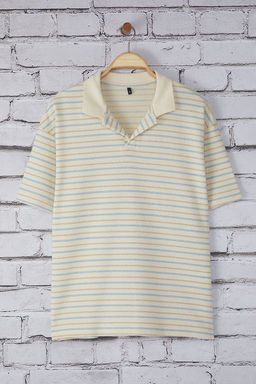 TRENDYOL MAN Unisex Mavi Oversize/Genis Kesim Cizgili Polo Yaka T-shirt TMNSS25PO00012 - Trendyolmilla фото 9