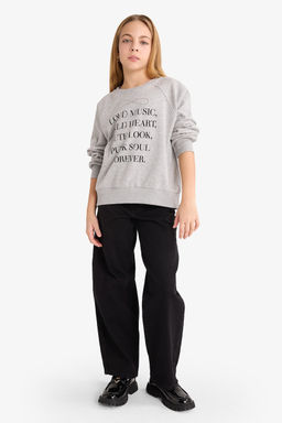 Relax Fit Bisiklet Yaka Bask_l_ Sweatshirt K_z _ocuk - Defacto фото 2