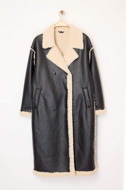 Siyah Cift Tarafl? Pelus Mono Kapama Oversize Uzun Suni Deri Kaban TWOAW26KB00000