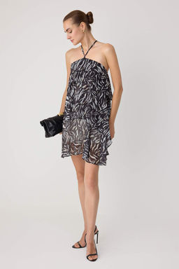 Siyah-_ok Renkli Zebra Skater/Belden A__lan K_sa / Mini Dokuma _ifon Elbise TWOSS26EL01072