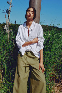 LINEN BLEND WIDE-LEG TROUSERS WITH BELT - Zara фото 13