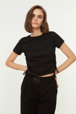 Siyah 100% Pamuk Buzgu Detayl? Basic Bisiklet Yaka Orme T-Shirt TWOSS21TS0131