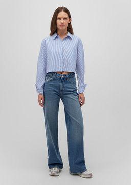 Cizgili Mavi Crop Poplin Gomlek