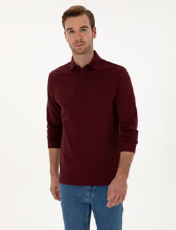 Bordo Regular Fit %100 Pamuk 3 _plik Polo Yaka Sweatshirt