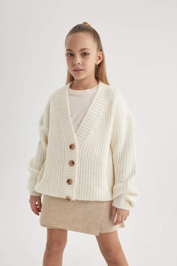 Трикотажный кардиган для девочек с V-образным вырезом - Defacto фото 4