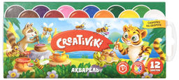 Акварель Creativiki 12 цветов, без кисти, картонная упаковка с коррексной подложкой с евро...