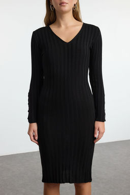 Siyah Midi Triko Basic V Yaka Elbise TWOAW25EL00048 - Trendyolmilla фото 3