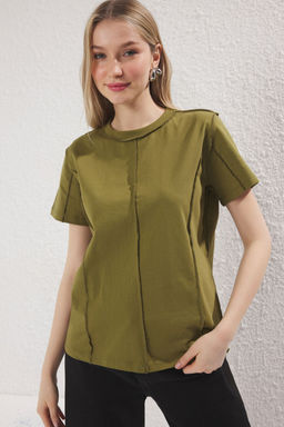 TRENDYOLMILLA Haki %100 Pamuk Dikis Detayl? Regular/Normal Kal?p Orme T-Shirt TWOSS25TS00135  фото 11