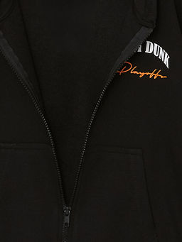 Kap??onlu Bask?l? Uzun Kollu Erkek ?ocuk Fermuarl? Sweatshirt