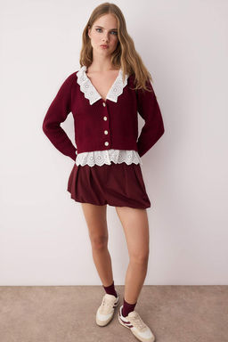 Bordo Crop Gomlek Garnili Detayl? V Yaka Triko H?rka TWOAW24HI00221