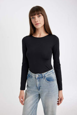 Женская черная облегающая базовая футболка с круглым вырезом и узким вырезом с длинными рукавами - Defacto фото 4