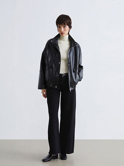 Dik Yaka Oversize Kad?n Deri G?r?n?ml? Ceket