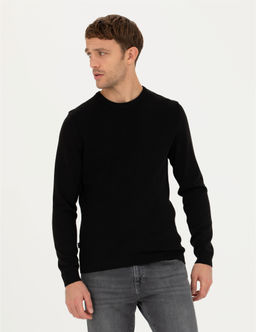 Siyah Slim Fit Bisiklet Yaka Triko Kazak