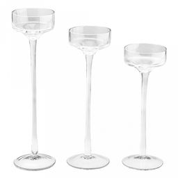 Подсвечник стеклянный "Джей" набор 3 штуки: h26,2см, h23см, h20см; чаша д7см, h4,5см, основание д7,2см, длинная ножка, в коробке (Китай)