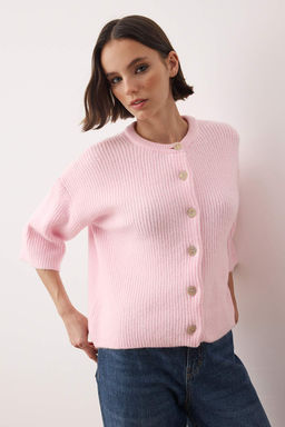 Wardrobe Essentials Pembe Yumusak Dokulu Genis Kal?p K?sa Kol Basic Triko H?rka | TWOAW26HI00251