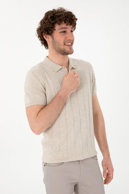 Erkek Slim Fit Polo Yaka Krem Triko Ti__rt