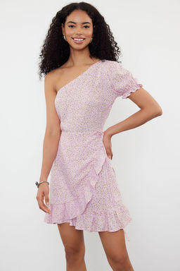 Lila Cicek Desenli F?rf?r Etekli Asimetrik Yaka Viskon Mini Dokuma Elbise TWOSS24EL00860 - Trendyolmilla фото 4