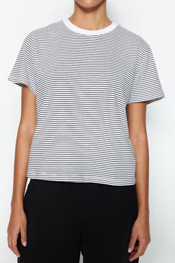 Siyah Ekru Cizgili Kal?n Pamuklu Basic Regular/Normal Kal?p Orme T-Shirt TWOSS23TS00043