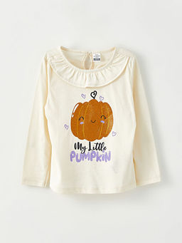 Bisiklet Yaka Uzun Kollu Bask?l? K?z Bebek Ti??rt