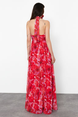 TRENDYOLMILLA Cok Renkli A-Kesim Cicek Desenli Derin V Yaka Dokuma Uzun S?k Abiye Elbise TPRSS24AE00096  фото 6