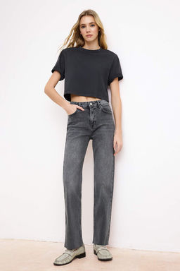 Mavi Kesik Paca Yuksek Bel Az Esnek Straight Duz Kesim Jeans TWOSS26JE00094 - Trendyolmilla фото 6