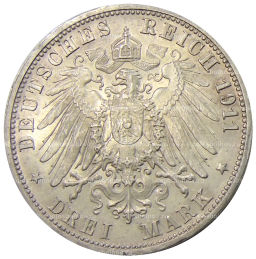 3 марки 1911 года F Германия (Вюртемберг)  25 лет свадьбе Вильгельма II и Шарлотты