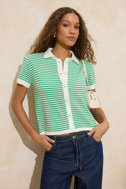 Yesil Polo Yaka Cizgili Triko Orta Bluz TWOSS25BZ00183