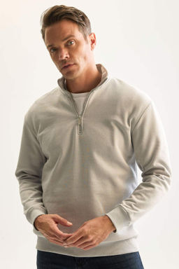 Siyah 3 Iplik Pamuklu Sardonlu Ici Polarl? Comfort Regular Fit Rahat Kal?p Dik Yaka Fermuarl? Kal?n Sweatshirt - Defacto фото 6