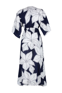 Lacivert Cicek Desenli A Kesim Kruvaze Yaka Midi Dokuma Elbise TWOSS24EL00913