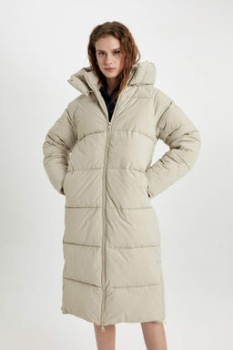 Длинное пальто-парка стандартного кроя из водоотталкивающей ткани с капюшоном - Defacto фото 4