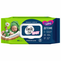 EMILY STYLE влажн.салфетки (60шт) Премиум by Fresh idea, Детские 0+ гипоаллергенные без отдушки, с крышкой, зел/гол