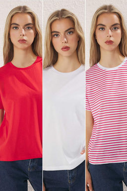 TRENDYOLMILLA Kahverengi-Bej-Haki Cizgili 3lu Paket Basic Bisiklet Yaka Orme T-Shirt TWOSS20TS0146