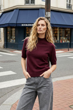 Bordo Merserize Gorunumlu Premium Iplik/Ozel Iplik Basic Ince Triko Bluz TWOAW24BZ00005