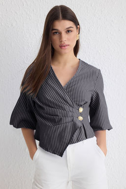 Trendyolmilla Mavi Kruvaze Cizgili Dokuma Bluz TWOSS25BZ00170 фото 8