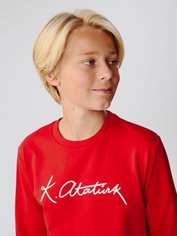 Bisiklet Yaka Atat?rk ?mza Bask?l? Erkek ?ocuk Sweatshirt