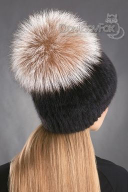 Шапка Лыжница норка блэк помпон норвежка кристалл