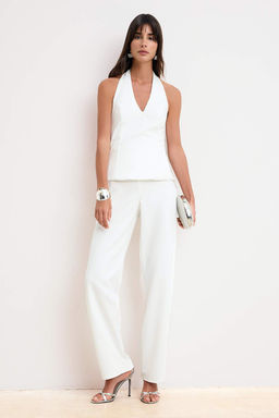 Ekru Duz V Yaka Kolsuz Dokuma Finike S?k/Gece Tulum