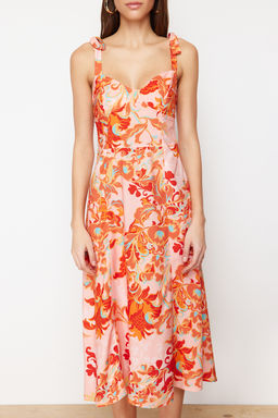 Pembe Cicekli A Kesim Viskon Midi Dokuma Elbise TWOSS24EL00714