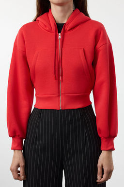 K?rm?z? Regular/Normal Kal?p Kapusonlu Kal?n ici Polarl? Orme Sweatshirt TWOAW25SW00068