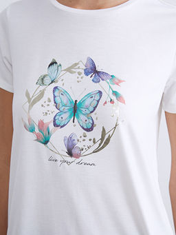 Bisiklet Yaka Bask?l? Kad?n Ti??rt