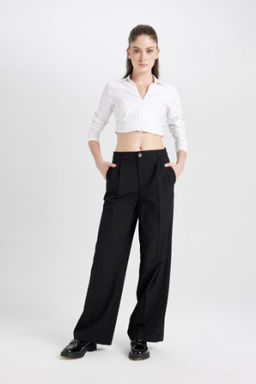Klasik Pantolon Wide Leg Genis Bol Paca Fleto Cepli Yuksek Bel Standart Boy Basic Duz