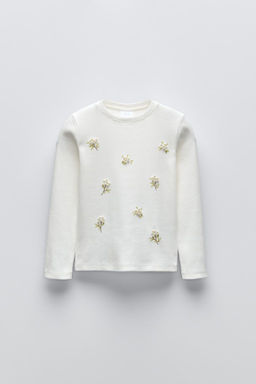FLORAL FAUX PEARL RIBBED T-SHIRT
