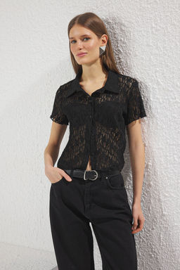 Ac?k Mavi Polo Yaka Dantel Fitted/Vucuda Oturan Esnek Orme Bluz TWOSS25BZ00407 - Trendyolmilla фото 5