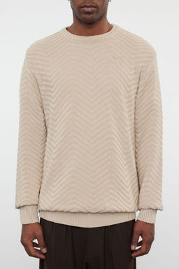 Bej Regular Pamuklu Bisiklet Yaka Dokulu Triko Kazak TMNAW25KZ00026